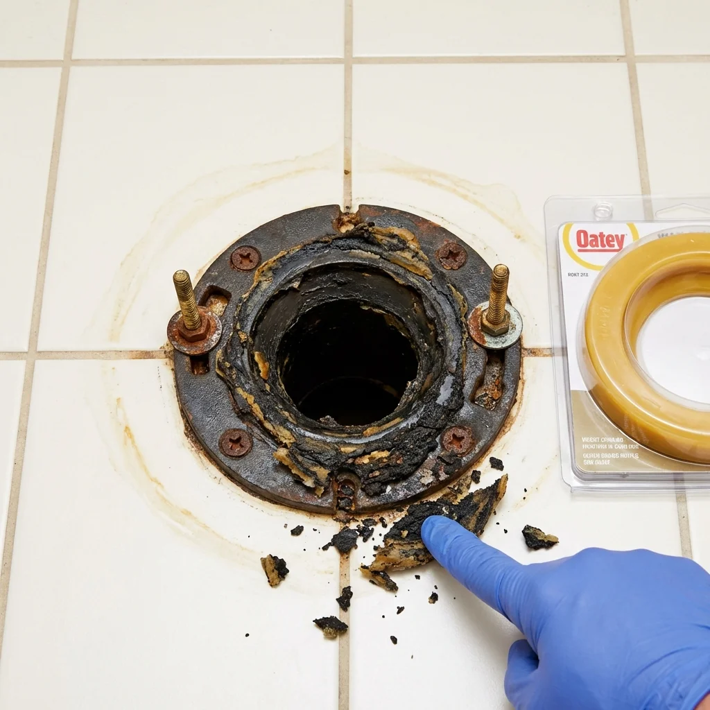 Failed wax ring showing water seepage at the base of a toilet in a Buchanan, GA home